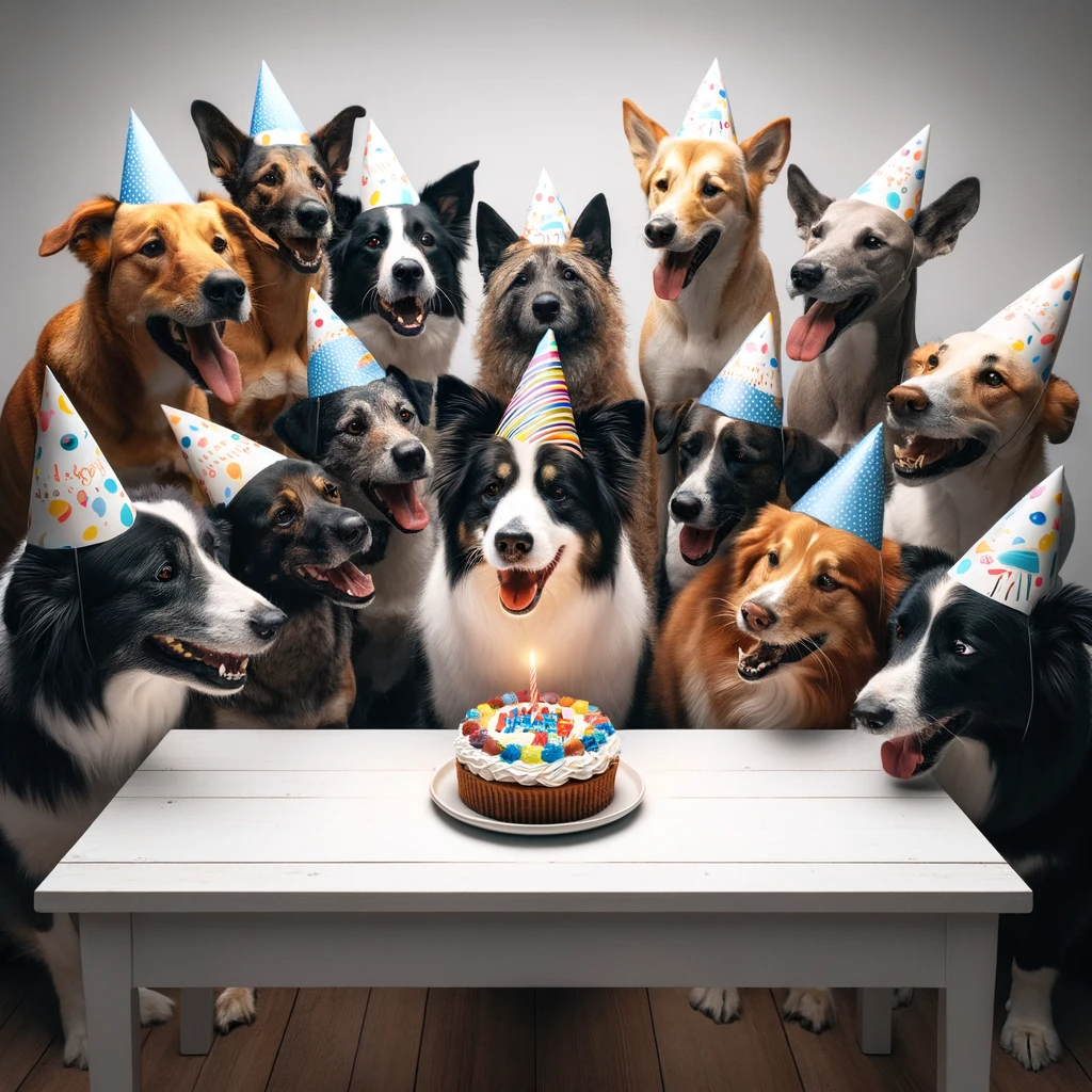 Dog celebrating a birthday with decorations and treats at a luxury dog resort in Glendale, serving Burbank, Pasadena, Los Feliz, and Los Angeles