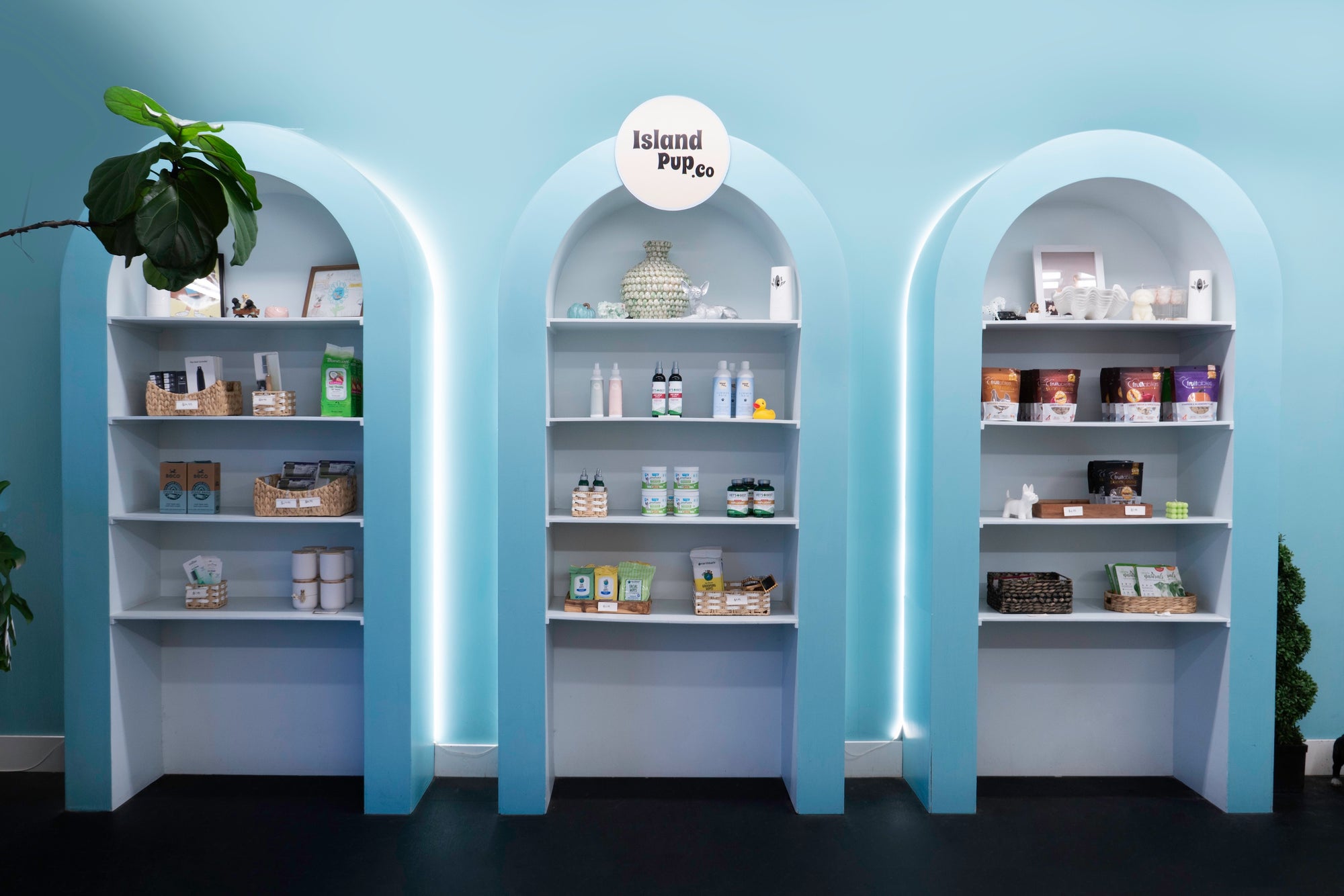 Display of dog treats and goodies available for purchase at Puppy Island's Glendale location, offering snacks and essentials for pet parents across Los Angeles