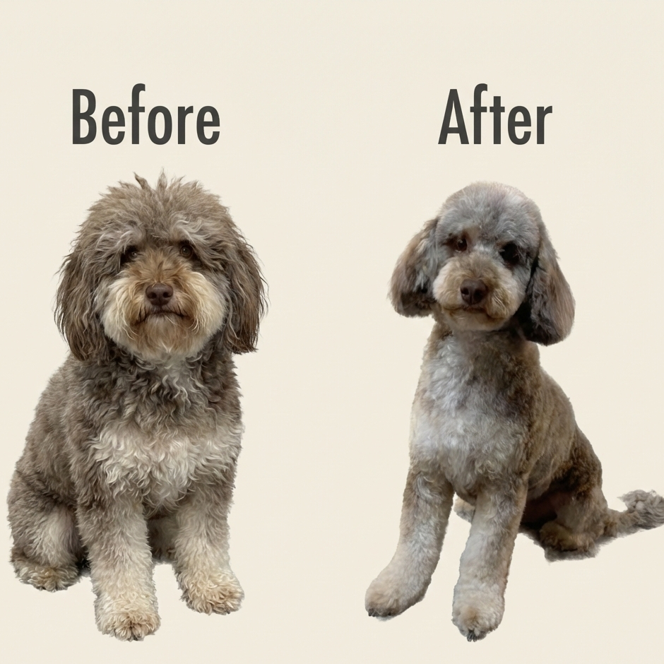 Before and after dog grooming of a mixed, showing a scruffy dog on the left and a neatly groomed one on the right, with text 'Book Your Groom Today' and 'Puppy Island Care & Spa' logo