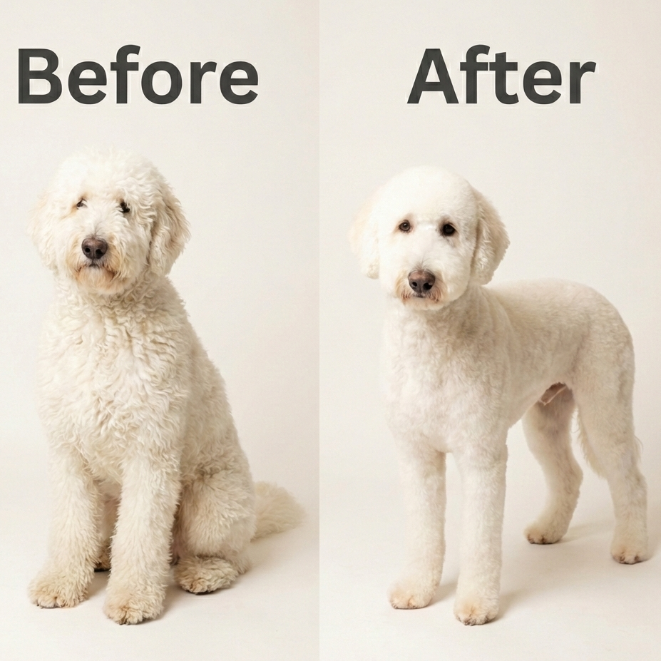 Before and after dog grooming of a large white doodle showing a scruffy dog on the left and a neatly groomed one on the right, with text 'Book Your Groom Today' and 'Puppy Island Care & Spa' logo