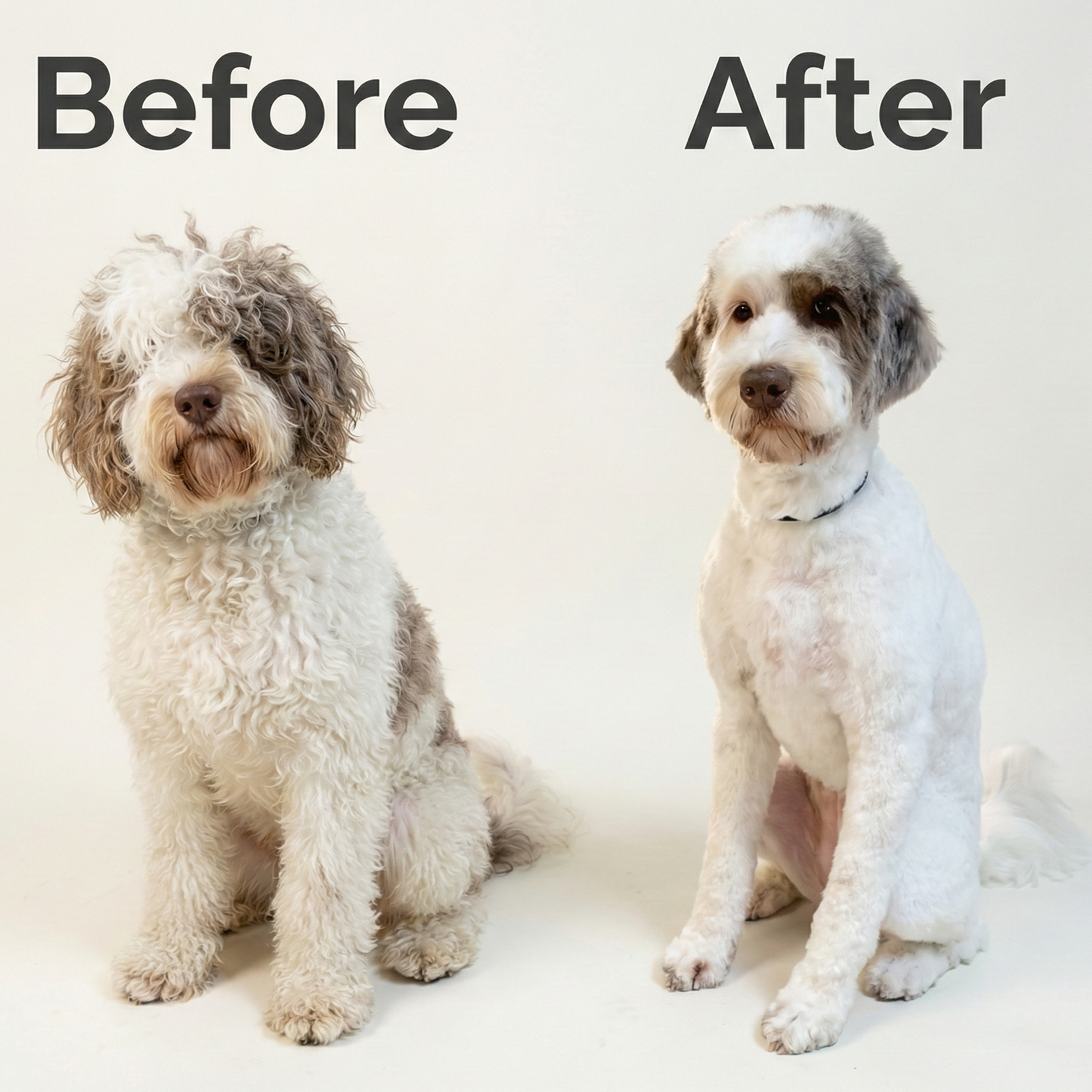 Before and after dog grooming of a large doodle mix, showing a scruffy dog on the left and a neatly groomed one on the right, with text 'Book Your Groom Today' and 'Puppy Island Care & Spa' logo