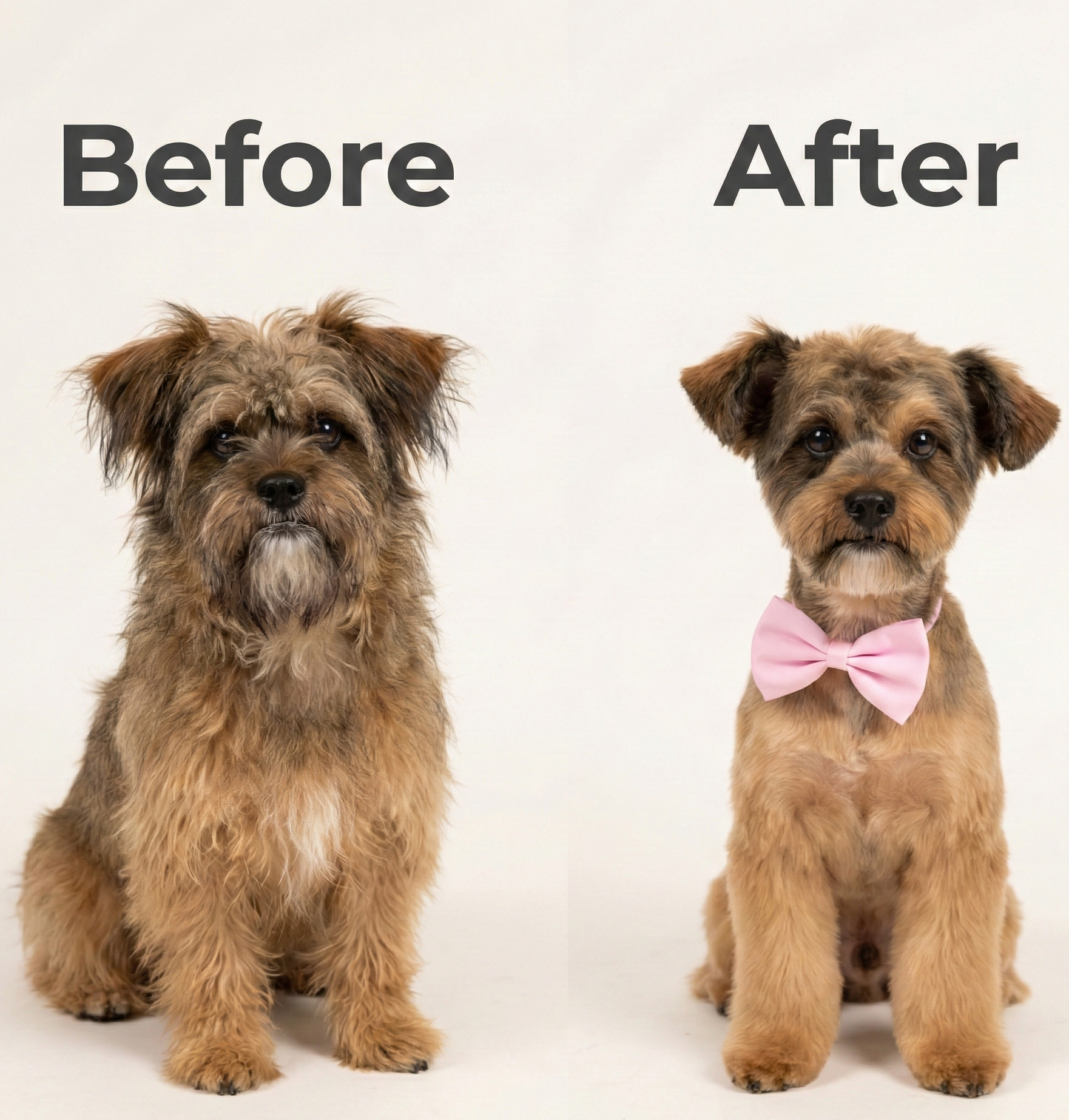 Before and after dog grooming of a Terrier mix, showing a scruffy dog on the left and a neatly groomed one on the right, with text 'Book Your Groom Today' and 'Puppy Island Care & Spa' logo